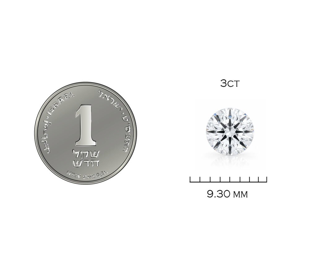 המחשת גודל יהלום בצורת עגול ובמשקל 3 קראט